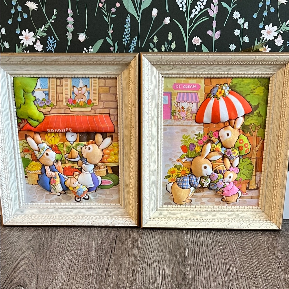 VINTAGE set of 2 Creative Circle Market Time bunny stitch & stuff kit 3D framed